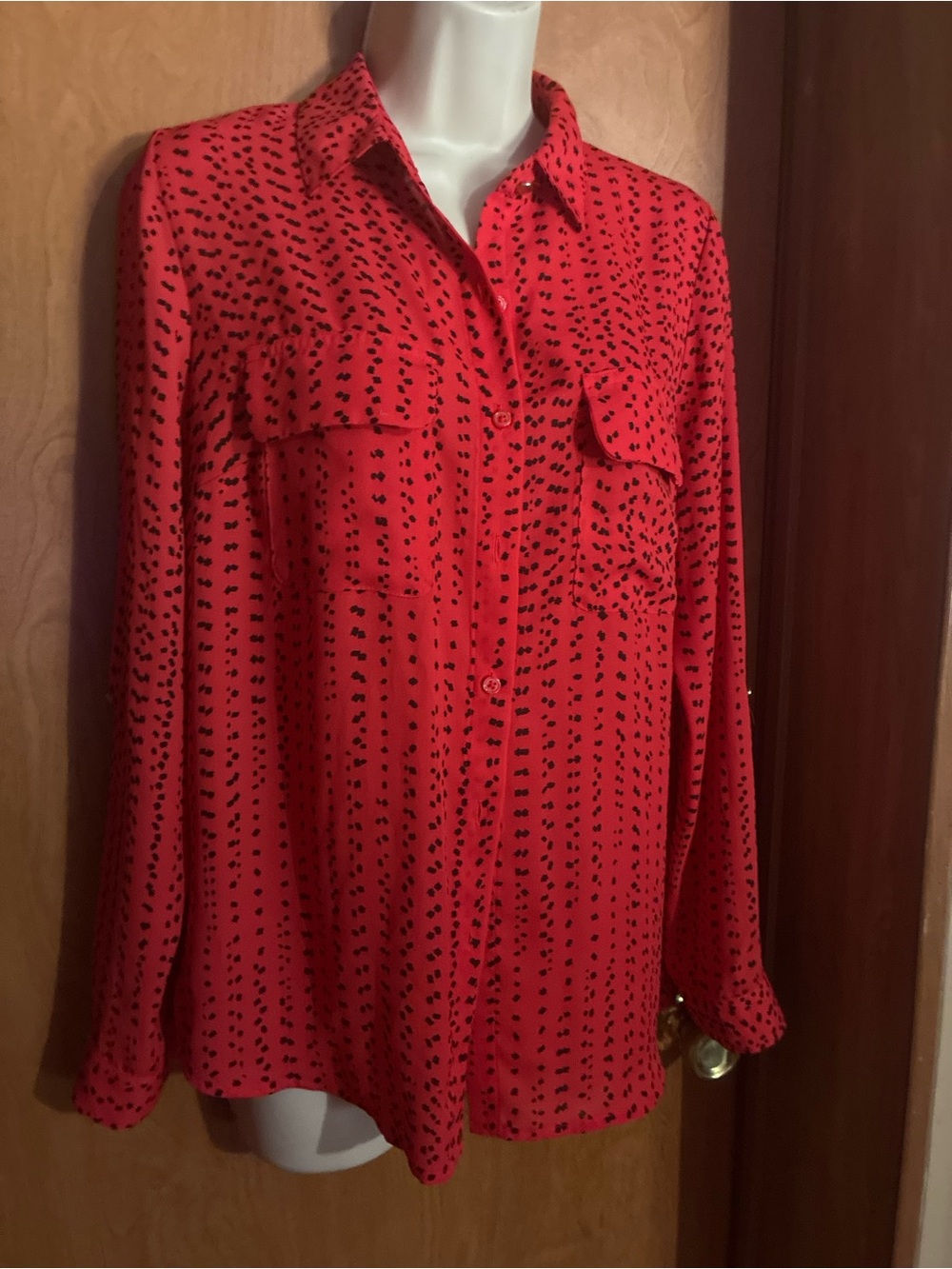 Red Long-Sleeve Button Front Blouse with Black Dot Print